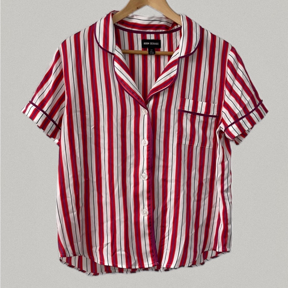 Room Service Size S V-neck Front Pocket Button Down Red Purple Striped Top